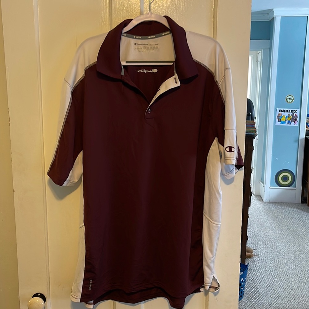 Champion vapor maroon and white polo